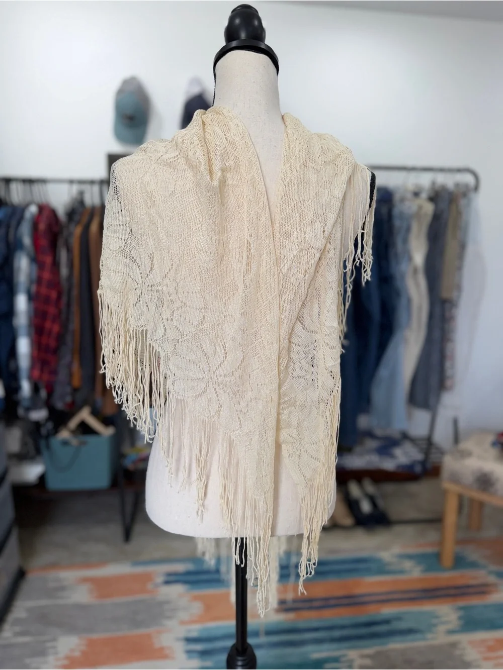 Vintage Cream Lace Fringe Piano Shawl Wrap